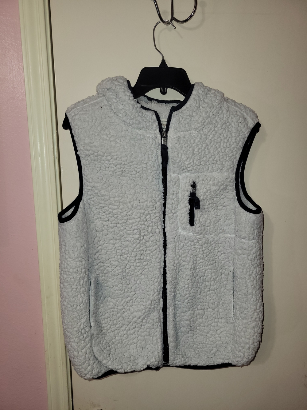 Weatherproof White Sherpa Vest with Navy Trim